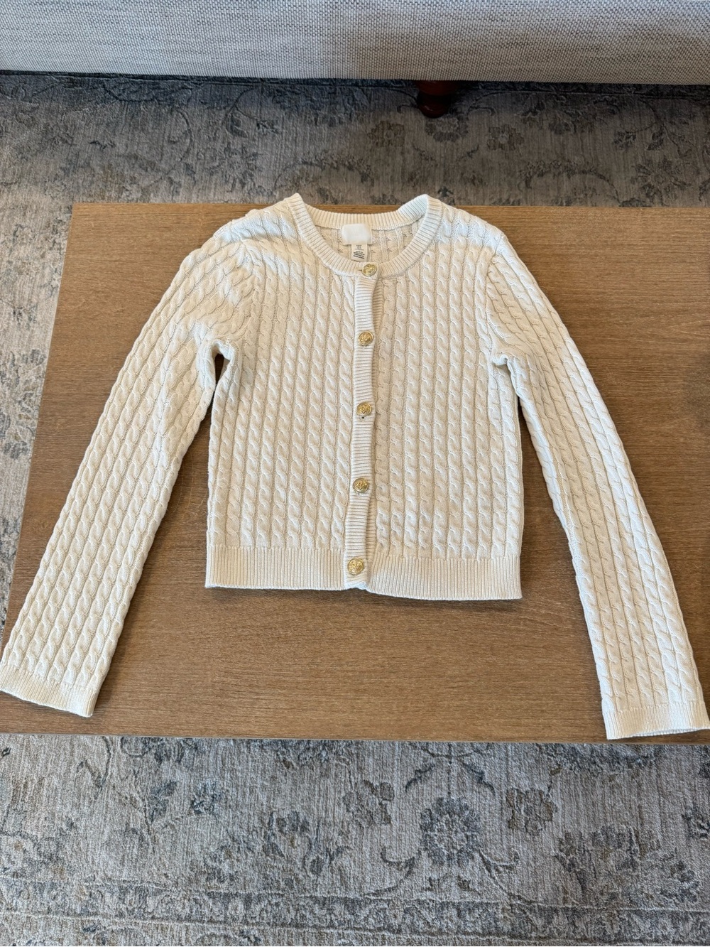H & M Classic Cable Knit Crewneck Cardigan Sweater - Cream with gold buttons
